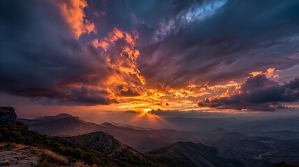 Fototapeta premium A breathtaking view of a dramatic sunrise, with fiery colors breaking through clouds, symbolizing hope and new beginnings in nature's spectacular dis .