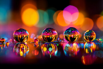 Vibrant glass spheres reflecting colorful bokeh lights at night