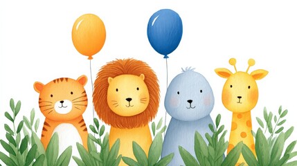 Naklejka premium Colorful Illustration of Four Cute Animal Characters with Balloons Celebrating a Special Occasion
