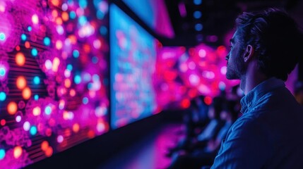 A bright health tech summit where glowing capsule prototypes are demonstrated on large digital screens