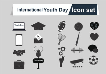 celebrating international Youth Day icon set. Showcasing various activities and symbols relevant to young people black sign silhouette vector illustration design.