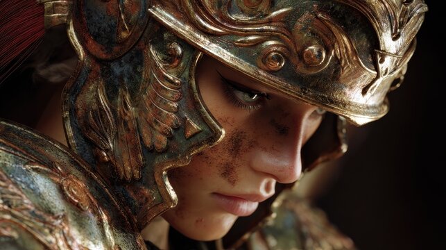 photo of strong ancient young female warrior with roman armor stained, generative AI