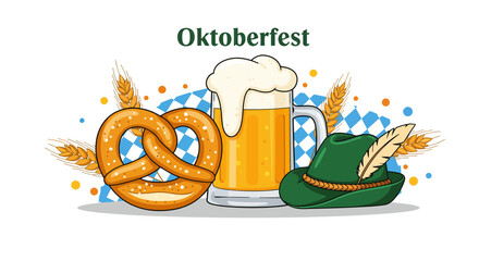 Celebrate with this Oktoberfest themed design featuring a beer mug, pretzel, wheat and a traditional Tyrolean hat.