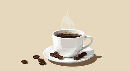 Warm cup of coffee design with aroma and scattered coffee beans, excellent for menus, logos or themed cafe decoration.