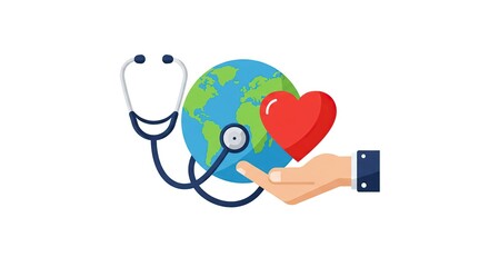 Global health care and compassion symbolized by stethoscope and heart