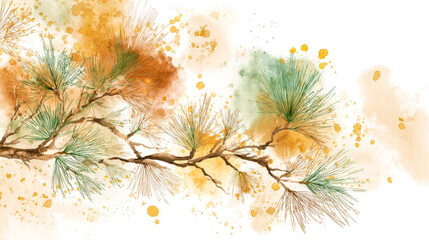 Artistic watercolor painting of a pine tree branch with lush green needles and warm autumnal splashes