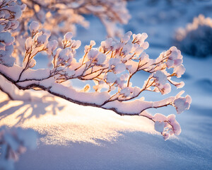 Snow-covered branch illuminated by warm winter sunlight in a serene landscape
