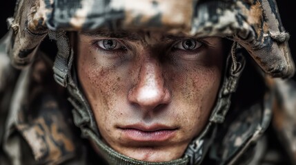 Fototapeta premium Young soldier in camouflage uniform with a serious expression on his face