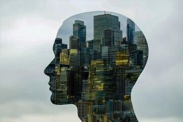transparent human head filled with miniature business skyscrapers