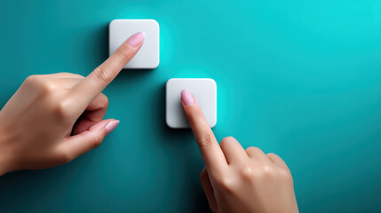Two hands with manicured nails press white square buttons on teal background, creating modern and interactive feel