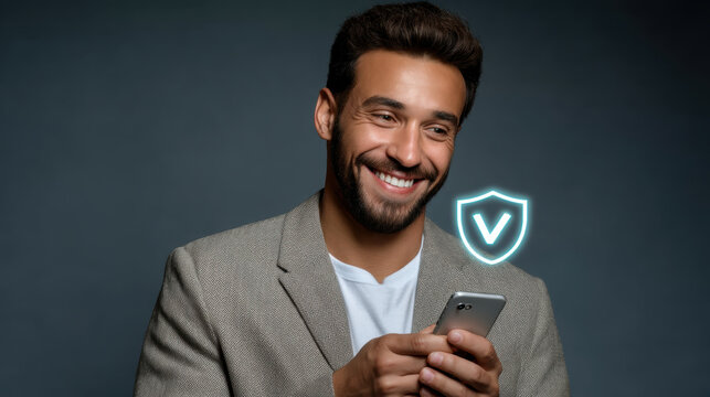 Smiling man in blazer uses smartphone with digital security icon