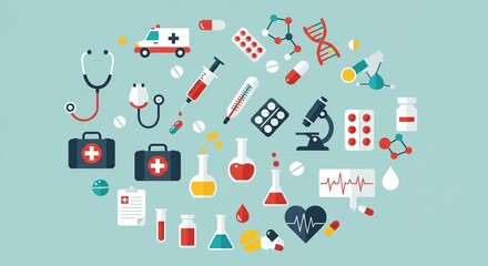 A colorful collection of medical icons and symbols on a light blue background