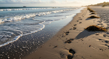 Sandy beach shoreline with footprints, waves, and a distant ship under a bright sky.