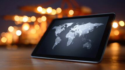 Digital tablet displaying glowing world map against blurred bokeh background, symbolizing global connectivity and technology