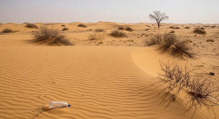 Arid desert landscape featuring sand dunes, sparse vegetation, a solitary tree, and a discarded plastic bottle.