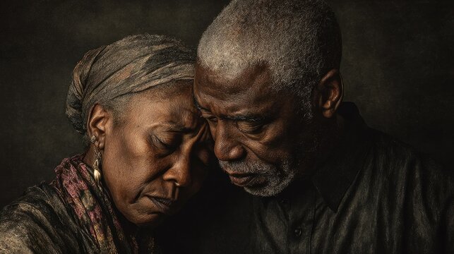 A tender and somber moment captured between an older African American couple embracing, with the woman appearing sorrowful or reflective as the man offers comfort