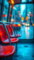Empty bus interior with vibrant city lights in the background