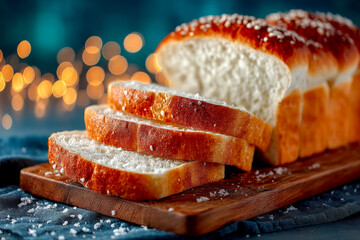 Freshly sliced bread on a wooden cutting board with a blurred festive background