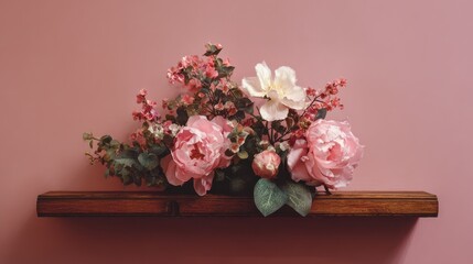 Pink floral arrangement on a wooden shelf against a blush pink wall