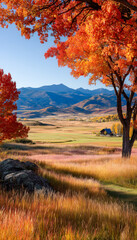 Vibrant autumn landscape with colorful trees and distant mountains