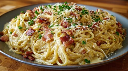 A creamy carbonara pasta with bacon and parmesan. Featuring indulgence and comfort