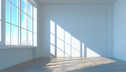 Sunlit empty room with large windows and shadow patterns on the wall