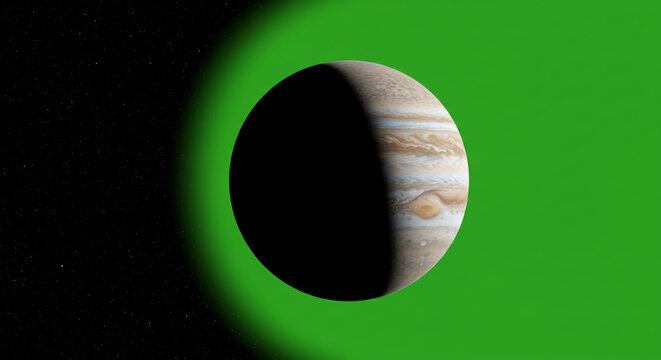 A view of jupiter with a green background and black space with stars on the left side of frame - Powered by Adobe