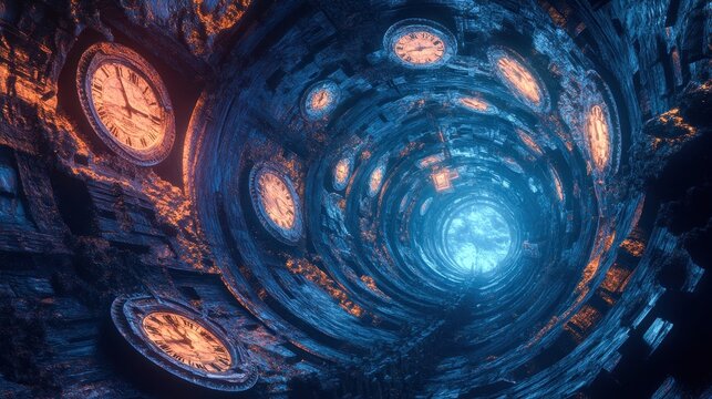 twisting tunnel of floating clocks