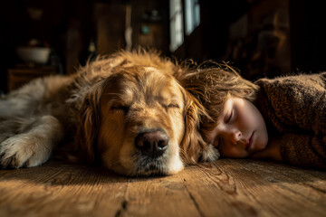 Child and dog resting peacefully on a wooden floor in a cozy indoor setting