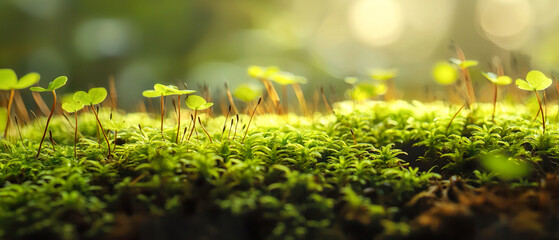 Obraz premium Close-up macro photo of lush moss texture in magical green forest environment. Natural background for eco design or nature concepts.