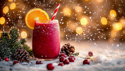 Festive holiday berry smoothie garnished with orange slice and striped straw amidst winter decor