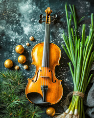 Festive scene with a violin, green onions, and holiday ornaments arranged on a dark surface