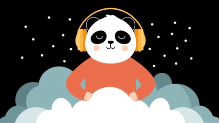 Fototapeta premium Cartoon Panda DJ Wearing Headphones Surrounded by Clouds Enjoying Music in a Playful Atmosphere