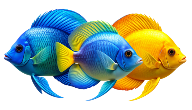 Collection of 3 colorful fish in different shapes and patterns, featuring vibrant scales and natural fin 