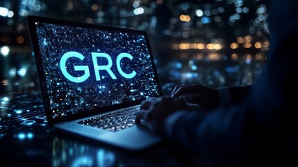 Boost efficiency with GRC (Governance, Risk, and Compliance), businessman using laptop with GRC icon on digital screen for business IT alignment and performance optimization
