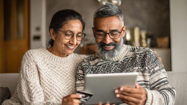Happy multiethnic mature couple using digital tablet for online payment with credit card. Latin wife showing something to buy on digital tablet to her indian husband. Middle eastern couple relaxing.,