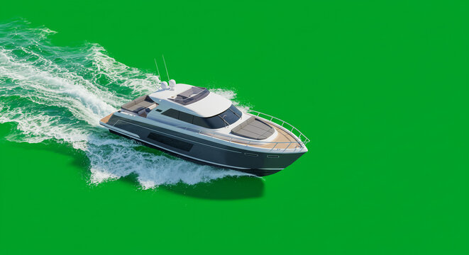 Aerial view of a luxury yacht cruising on water with a green screen background for compositing use