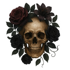 Human Skull with Dark Red and Black Roses and Lilies,clipart, cut out, no background ,PNG die-cut for advertising