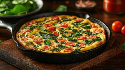 Freshly baked cherry tomato and spinach frittata in a cast iron skillet