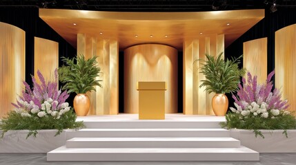 Elegant Empty Award Ceremony Stage With Gold Accents and Floral Arrangements