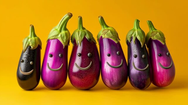 Colorful eggplants with smiling faces arranged in a row against a vibrant yellow background, showcasing playful expressions and unique shapes, creating a cheerful and whimsical atmosphere in food phot