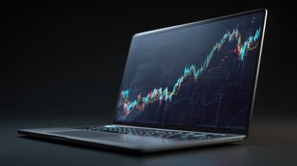 Here's a description and keywords for the image.. Laptop displays upward stock market trend graph.