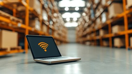 Laptop with Wi-Fi symbol in a modern warehouse environment showcasing technology and connectivity - Powered by Adobe