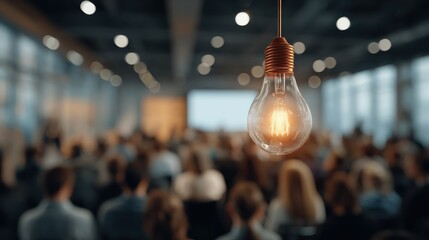 An event showcasing innovative business ideas in a corporate office, with a lightbulb symbolizing creativity and innovation.
