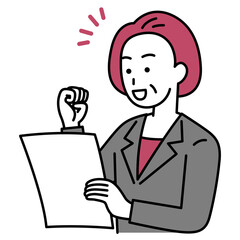 書類を見て喜ぶ中年のスーツの女性