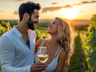 Happy couple sharing a romantic moment in a vineyard, sipping wine and smiling at each other as the sun sets over the landscape