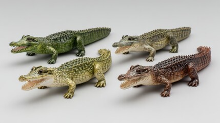 Fototapeta premium Set of four crocodiles in green and brown color, no logos, no brands
