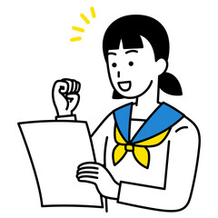 書類を見て喜ぶ女子学生