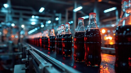 Bottles filled with dark, carbonated beverage are arranged neatly on a conveyor belt inside a busy factory, reflecting bright lights overhead while workers monitor the production .