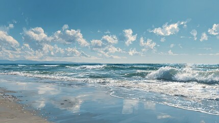 Obraz premium Serene coastal landscape with gentle waves and distant horizon